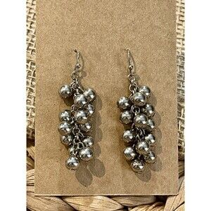 Cluster Bead Pierced Earrings Silver tone Dangle 2in Clean Girl